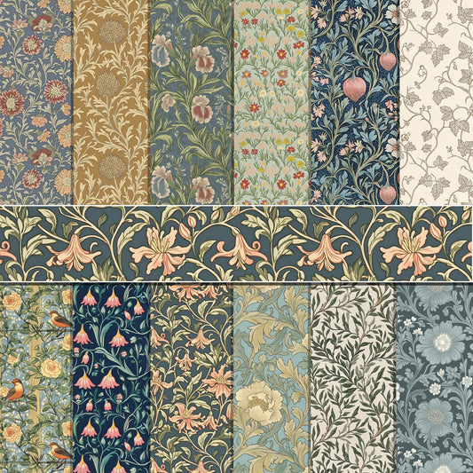 24 Sheets William Morris Pattern Paper 12'' x 12'' William Morris Floral Scrapbook Paper Vines and Flower Patterned Double-Sided Cardstock Pack for Scrapbooking Background DIY Card Making Origami