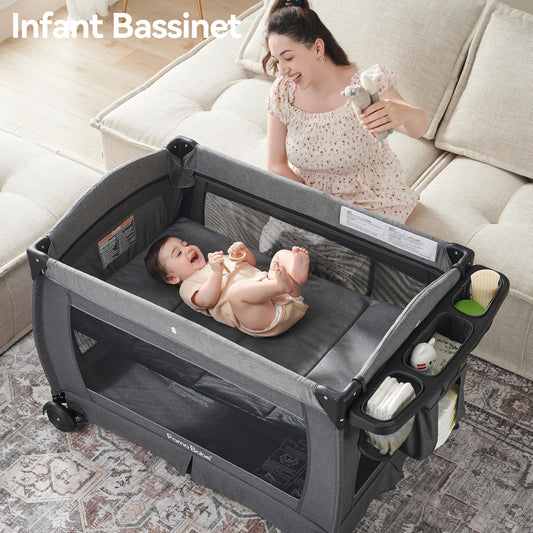 Pamo Babe Pack and Play with Bassinet Baby Playpen Foldable Playard with Changing Table Portable 4 in 1 Baby Playard