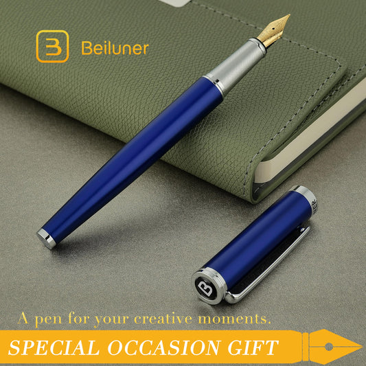 BEILUNER Luxury Fountain Pen Set,Solid 24K Gilded Medium Nib, Modern Classic Limited Edition -Includes 6 Ink Cartridges&Ink Refill Converter with Gift Case-Perfect for Men and Women（Charming blue）