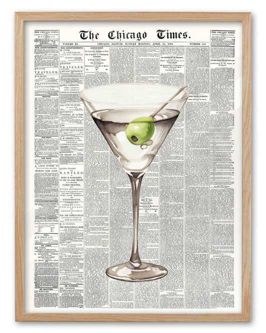 EcoHest Trendy Newspaper Martini Framed Wall Art, 12x16 in OAK Wood Retro Bar Cart Canvas Art, Magazine Aesthetic Apartment Art, Beige Logs Funky 70's Set of 1 for Bedroom Living Room