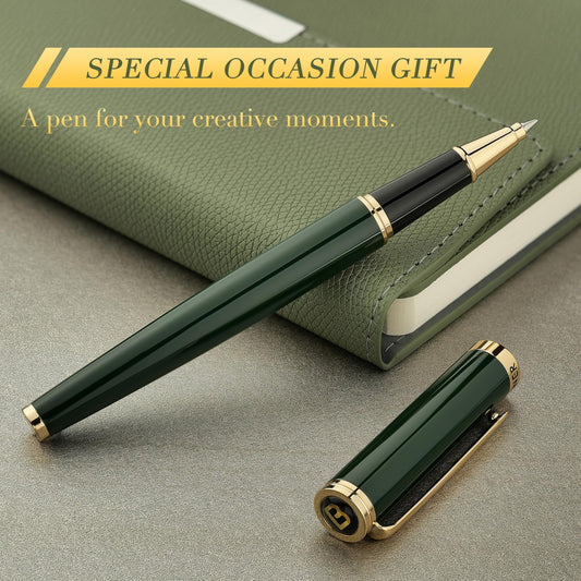 BEILUNER Luxury Rollerball Pen, Stunning Green Lacquer with 24K Gold Trim,Noble and Elegant Designs,Schneider Ink Refill, Best Gift Set for Men & Women, Refillable, Executive Writing, Nice Pens