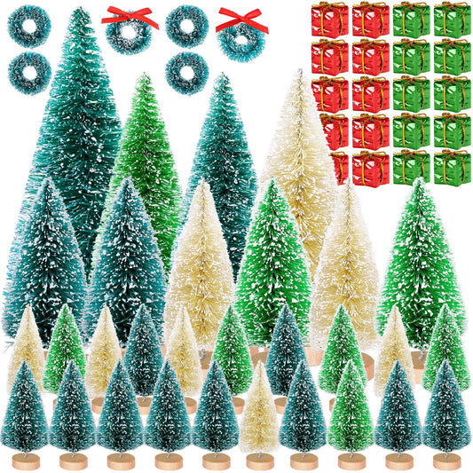 Iceyyyy 56 Pcs Artificial Mini Christmas Trees Set - Miniature Sisal Frosted Christmas Trees Bottle Brush Trees for DIY Crafts Home Table Top Decor