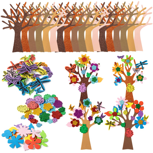 JAPBOR 86PCS Spring Tree Foam Craft Sticker, Springtime Glitter Flower Leaf Butterfly Self Adhesive Stickers, Make Your Own Spring Trees Party Decoration for Art Fun Home Classroom Activities