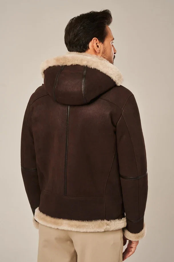 Sowachi Men's Brown Leather Shearling Jacket with Hood