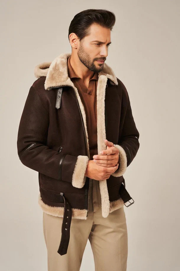 Sowachi Men's Brown Leather Shearling Jacket with Hood