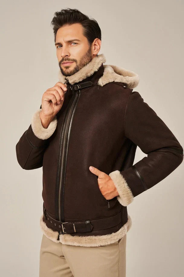 Sowachi Men's Brown Leather Shearling Jacket with Hood
