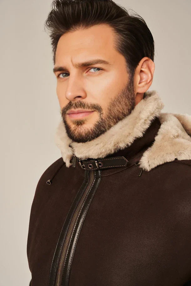 Sowachi Men's Brown Leather Shearling Jacket with Hood