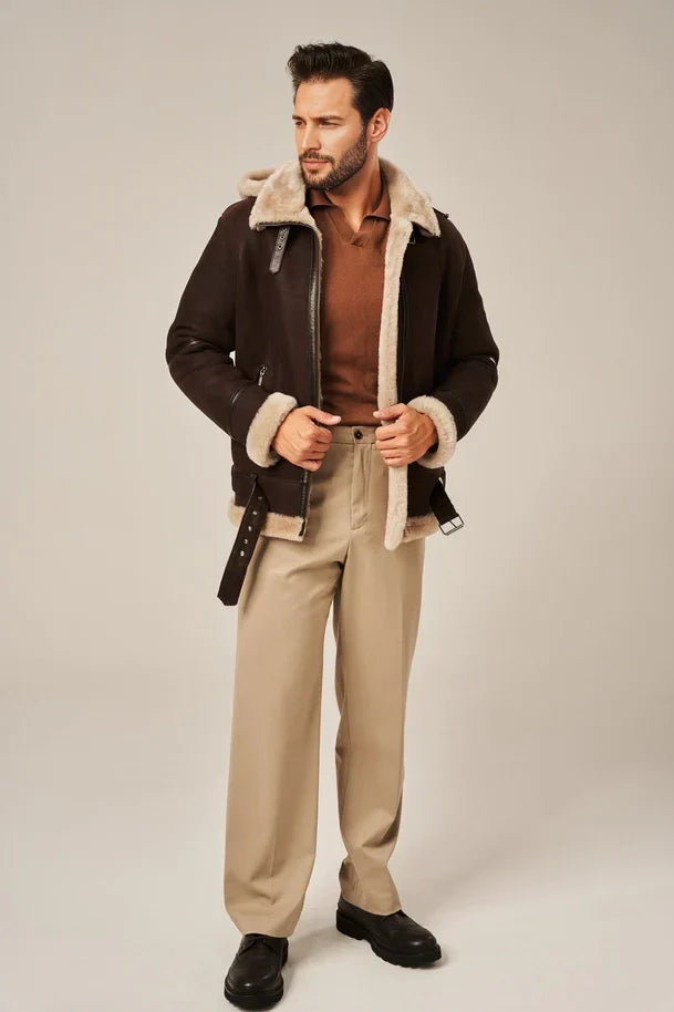 Sowachi Men's Brown Leather Shearling Jacket with Hood
