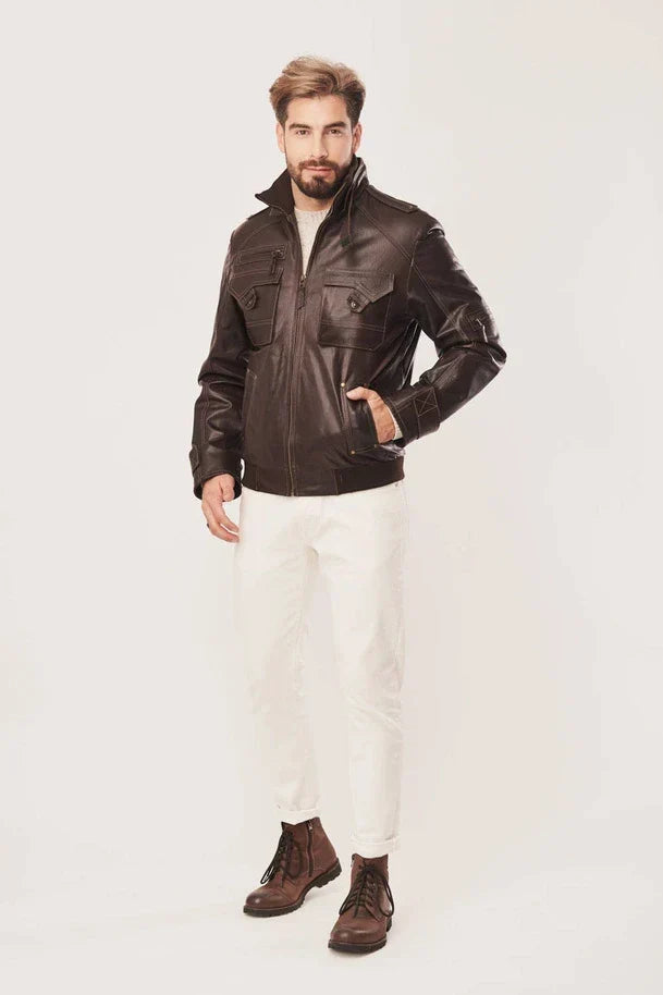 Sowachi Men's Brown Bomber Leather Jacket