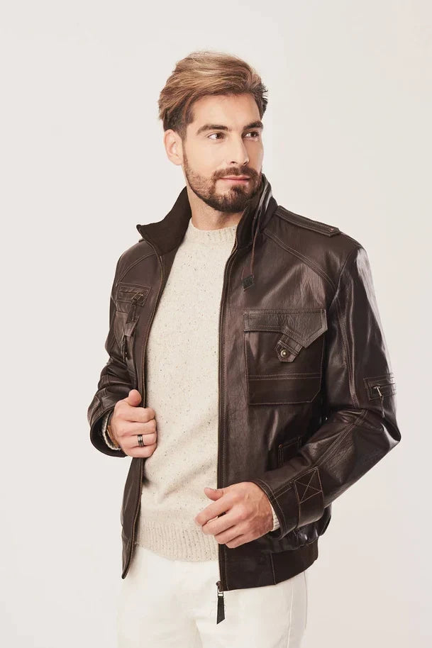 Sowachi Men's Brown Bomber Leather Jacket
