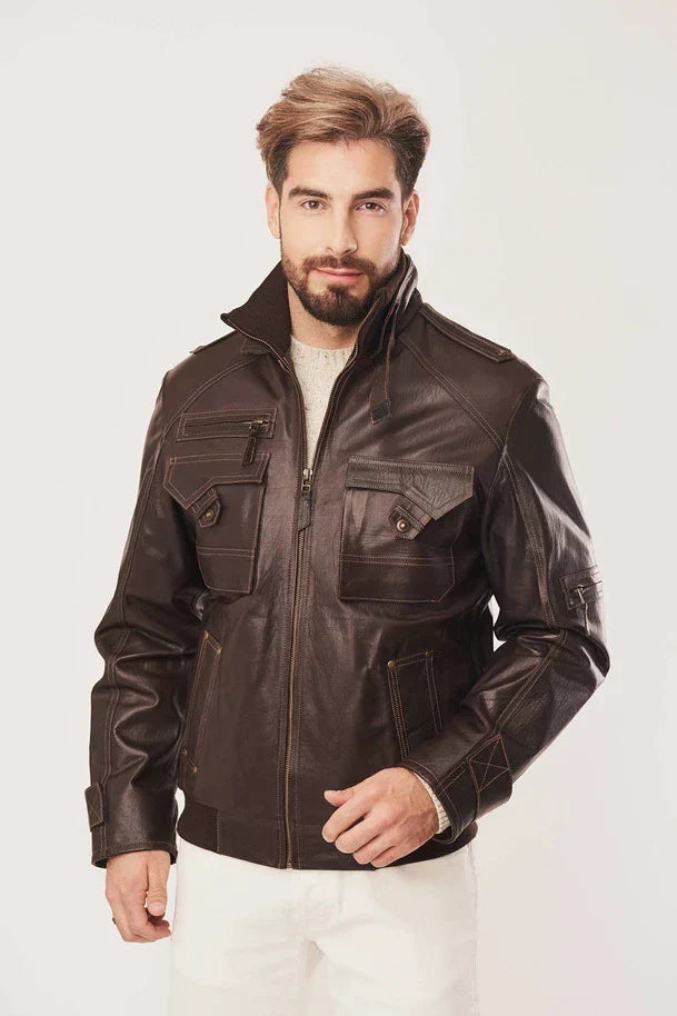 Sowachi Men's Brown Bomber Leather Jacket