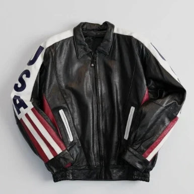 Sowachi American Flag Sheepskin Leather Bomber Jacket For Men