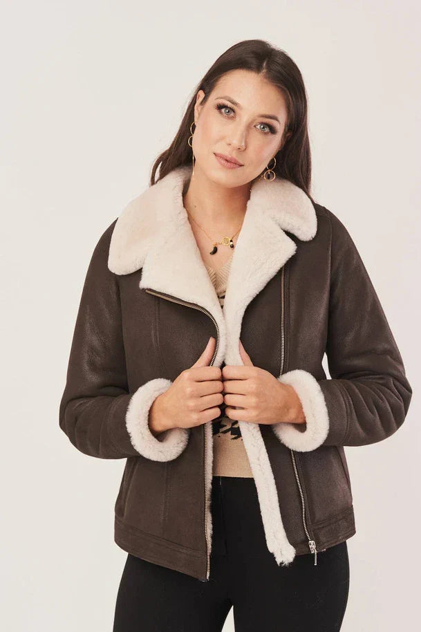 Sowachi Women's Sheepskin Brown Leather Shearling Jacket