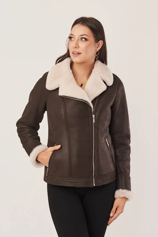 Sowachi Women's Sheepskin Brown Leather Shearling Jacket