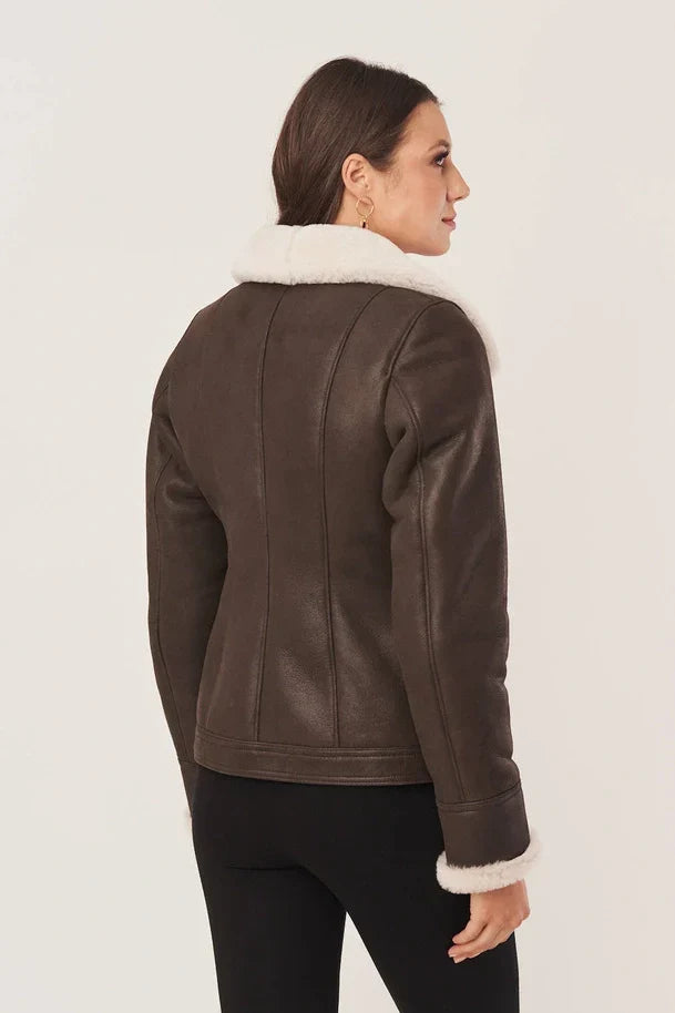 Sowachi Women's Sheepskin Brown Leather Shearling Jacket