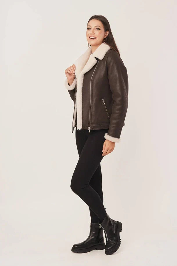Sowachi Women's Sheepskin Brown Leather Shearling Jacket