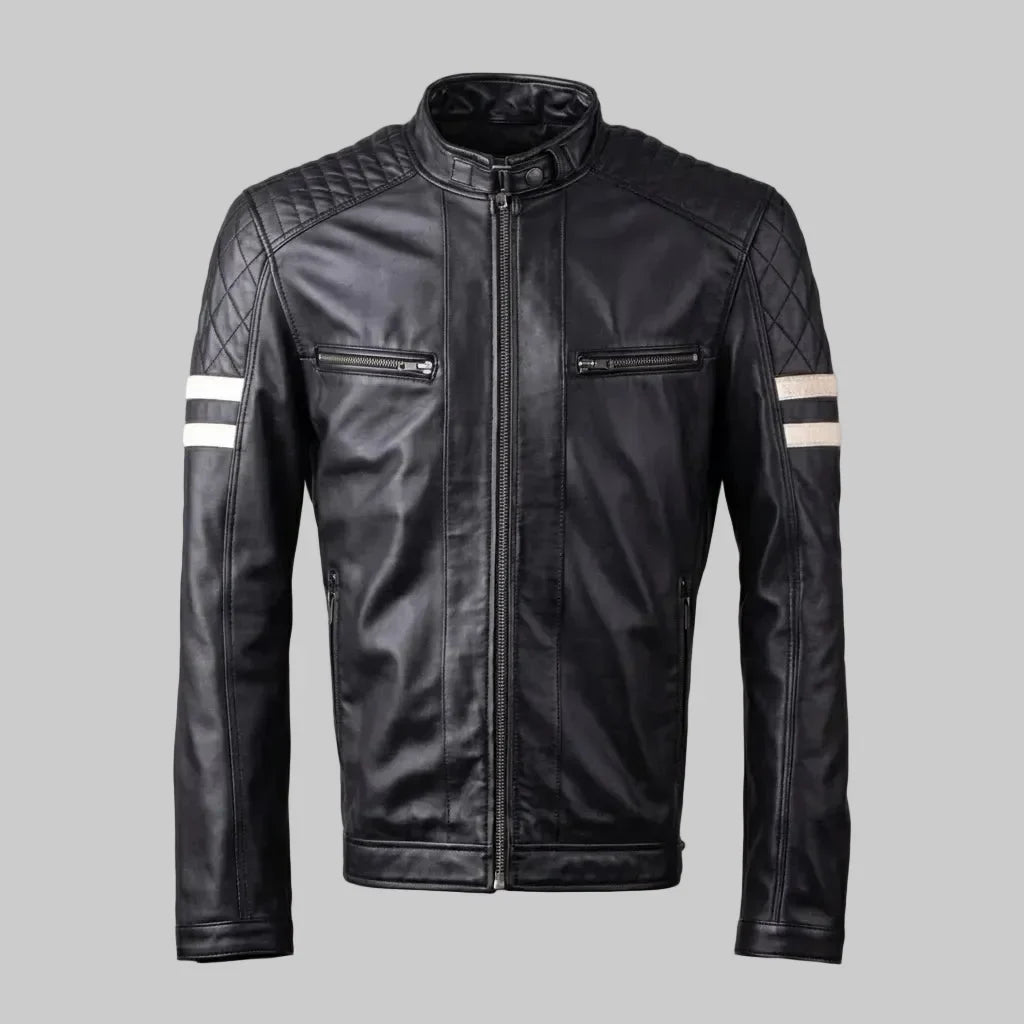 Sowachi Black Sheepskin Leather Cafe Racer Jacket For Men