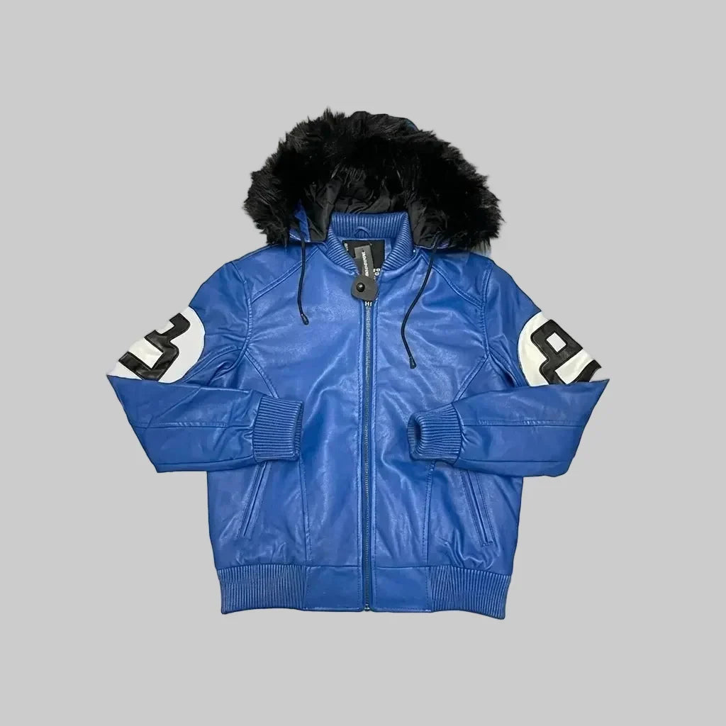 Sowachi Blue Hooded Sheepskin Leather Bomber Jacket For Men