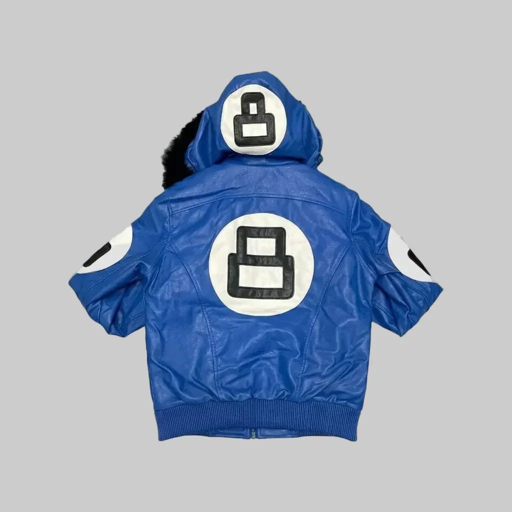 Sowachi Blue Hooded Sheepskin Leather Bomber Jacket For Men