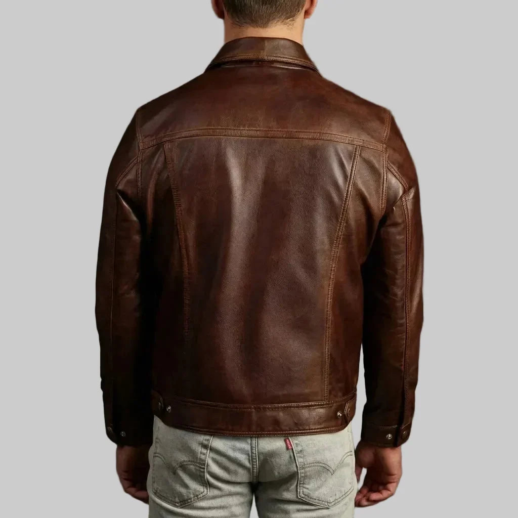 Sowachi Brown Sheepskin Leather Trucker Jacket For Men