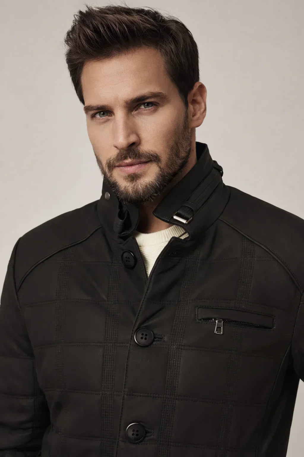 Sowachi Men's Black Leather Quilted Jacket