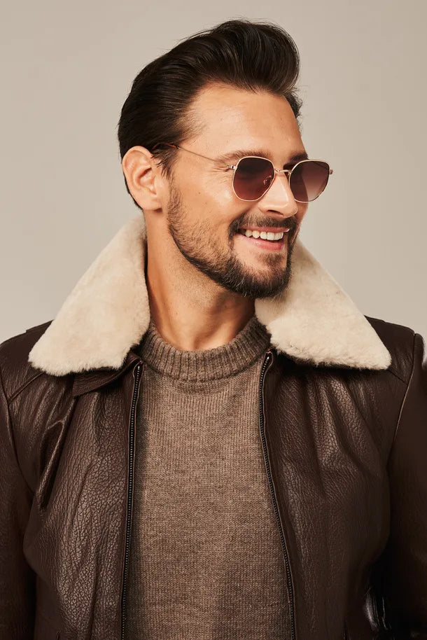 Sowachi Men’s Brown Bomber Style Flight Leather Jacket