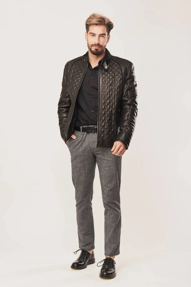 Sowachi Men's Black Diamond Quilted Leather Jacket