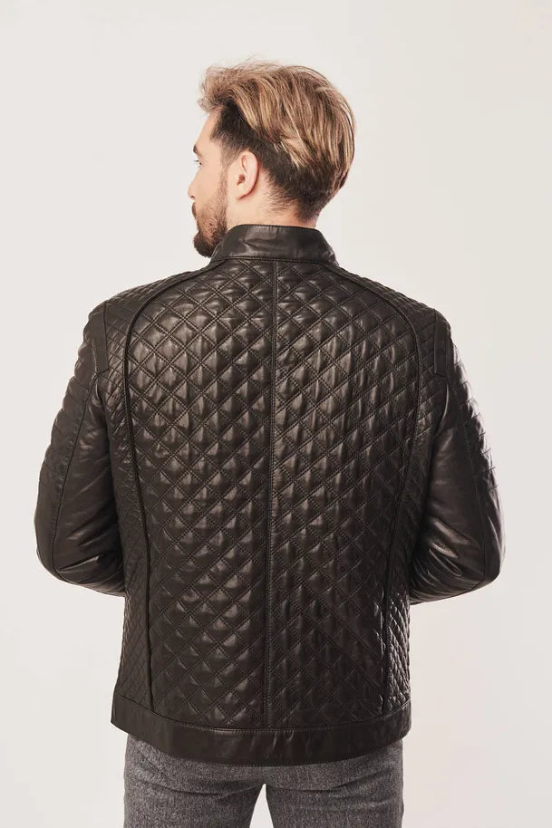 Sowachi Men's Black Diamond Quilted Leather Jacket