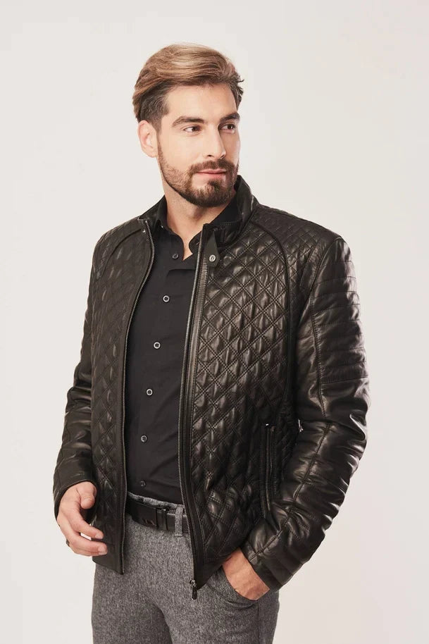 Sowachi Men's Black Diamond Quilted Leather Jacket