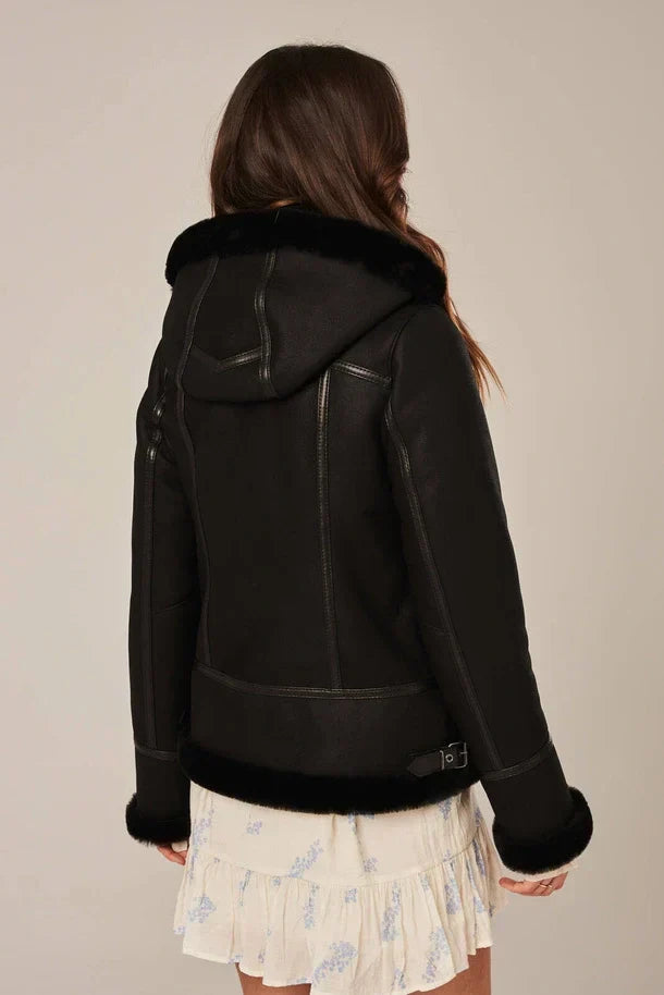 Sowachi Isla - Women's Black Aviator Shearling Leather Jacket