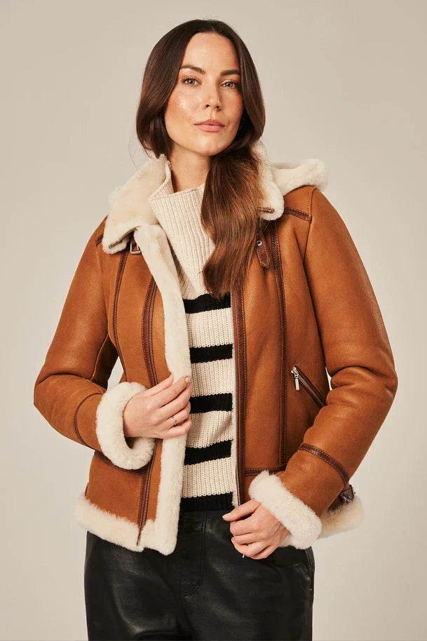 Sowachi Women's Light Brown Shearling Aviator Jacket