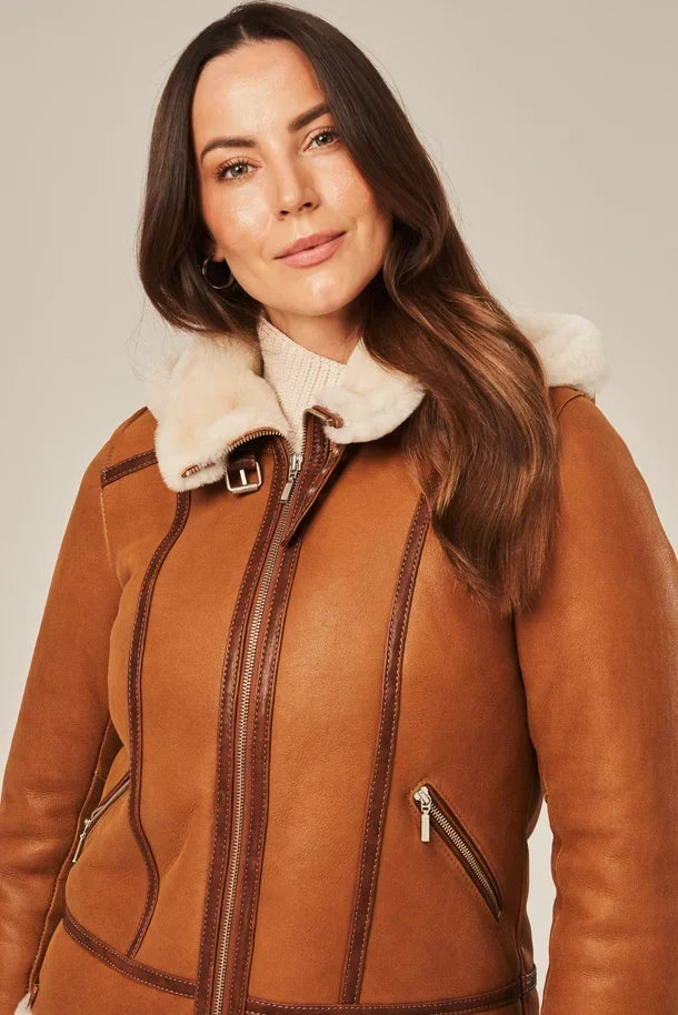 Sowachi Women's Light Brown Shearling Aviator Jacket