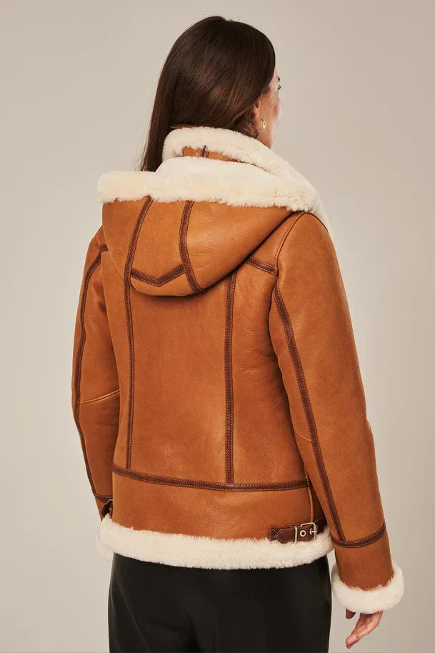 Sowachi Women's Light Brown Shearling Aviator Jacket