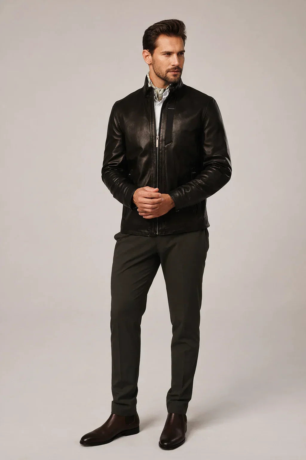 Sowachi Men's Black Sheepskin Cafe Racer Jacket