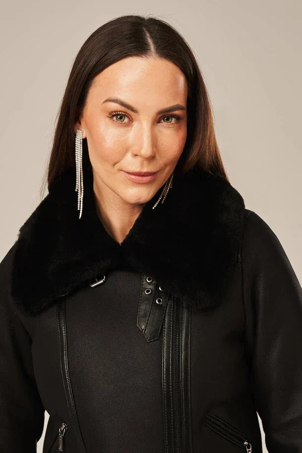 Sowachi Levona - Women's Black Shearling Biker Leather Jacket