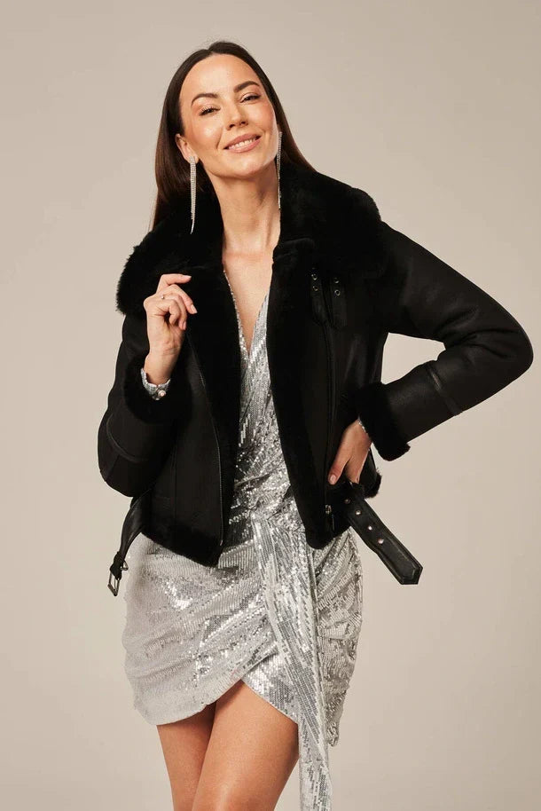 Sowachi Levona - Women's Black Shearling Biker Leather Jacket