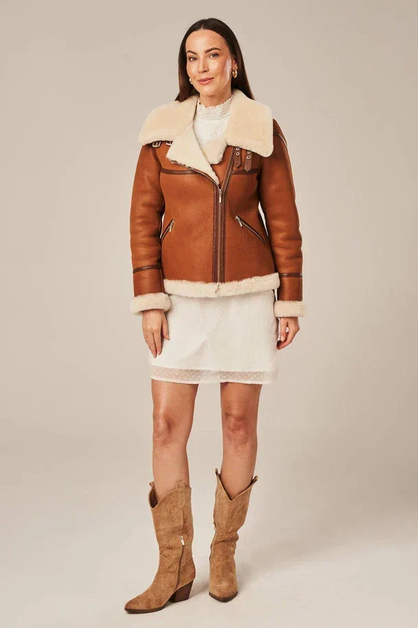 Sowachi Levona - Women's Tan Brown Shearling Biker Leather Jacket