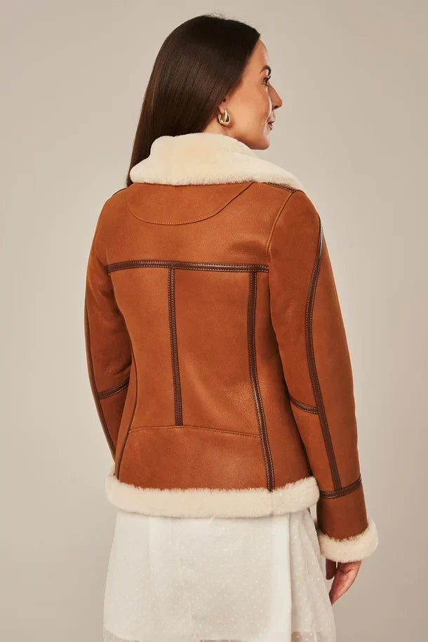 Sowachi Levona - Women's Tan Brown Shearling Biker Leather Jacket