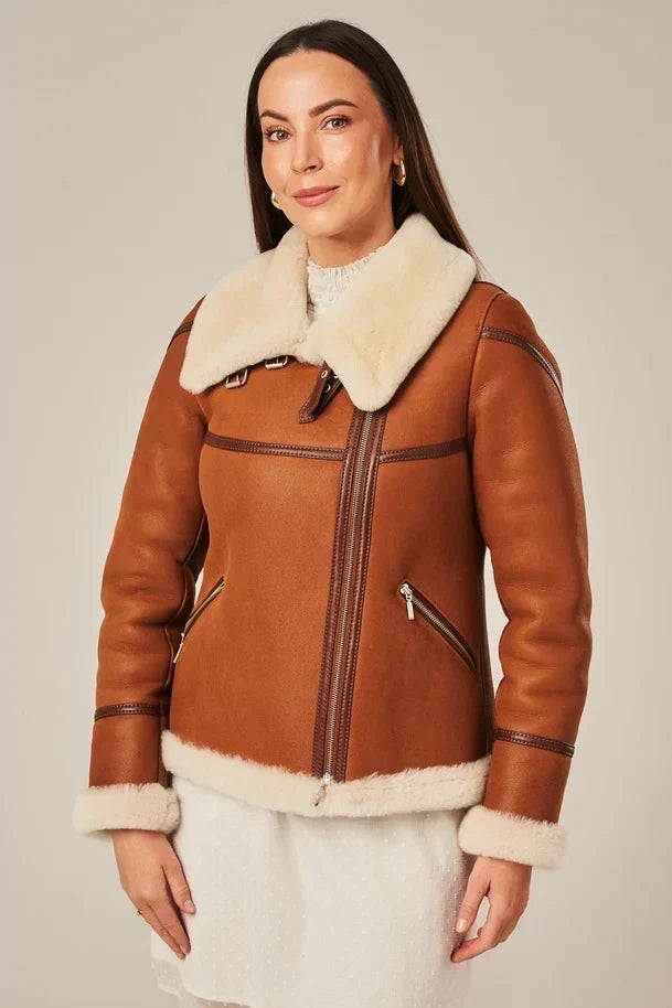 Sowachi Levona - Women's Tan Brown Shearling Biker Leather Jacket