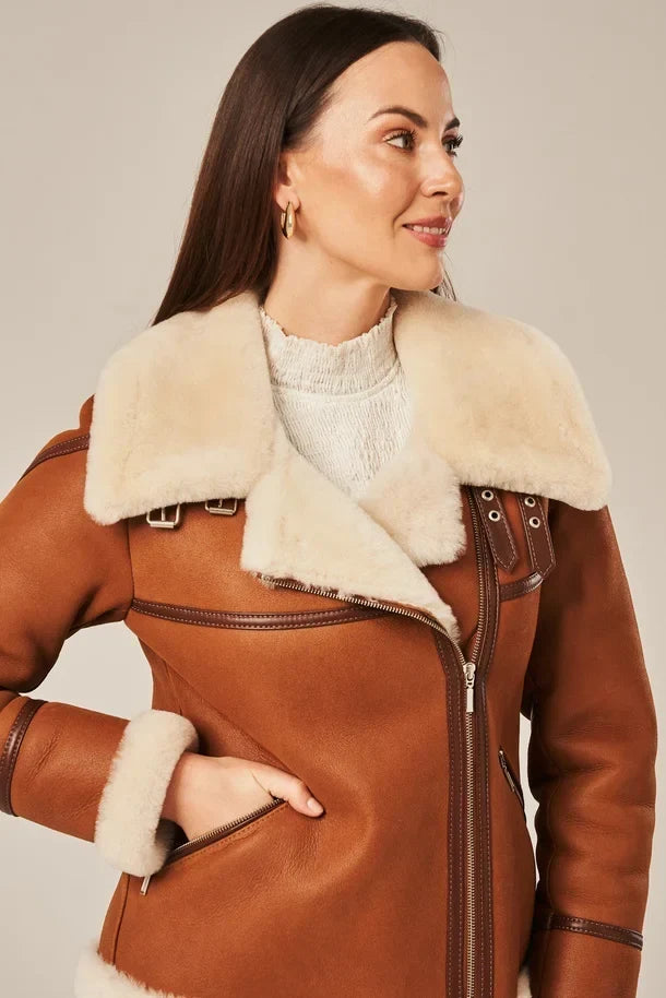 Sowachi Levona - Women's Tan Brown Shearling Biker Leather Jacket