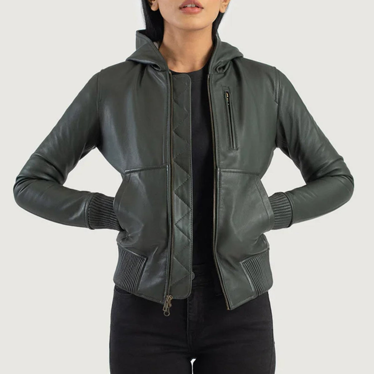 Sowachi Luna Green Hooded Leather Bomber Jacket