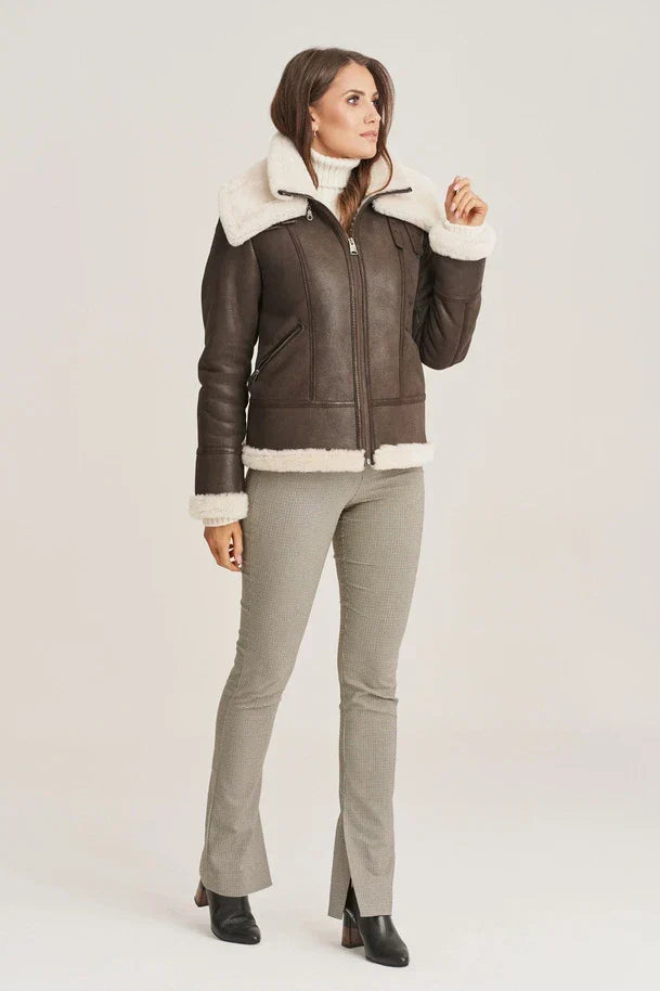 Sowachi Women's Sheepskin Dark Brown Shearling Jacket
