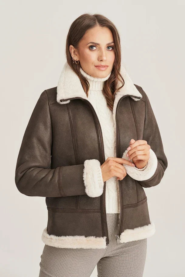 Sowachi Women's Sheepskin Dark Brown Shearling Jacket