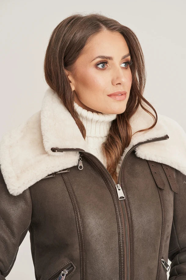 Sowachi Women's Sheepskin Dark Brown Shearling Jacket