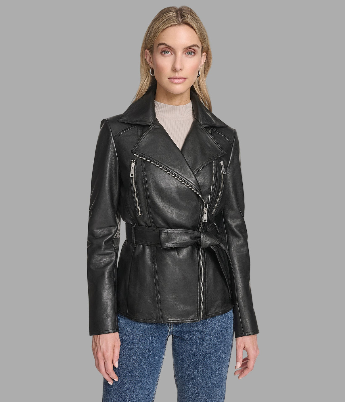 Violet Leather Belted Moto Jacket