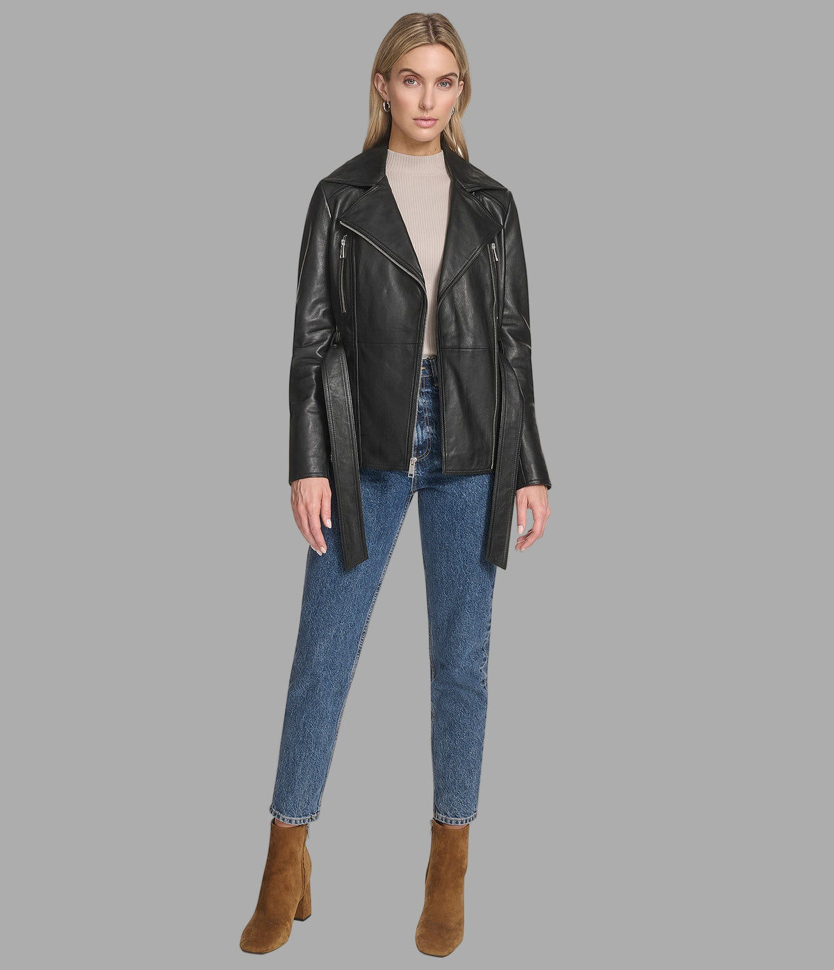 Violet Leather Belted Moto Jacket