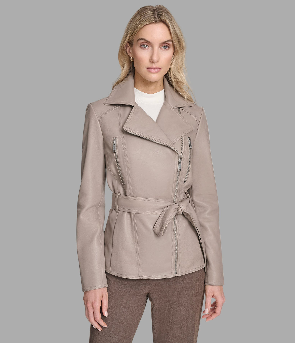 Violet Leather Belted Moto Jacket