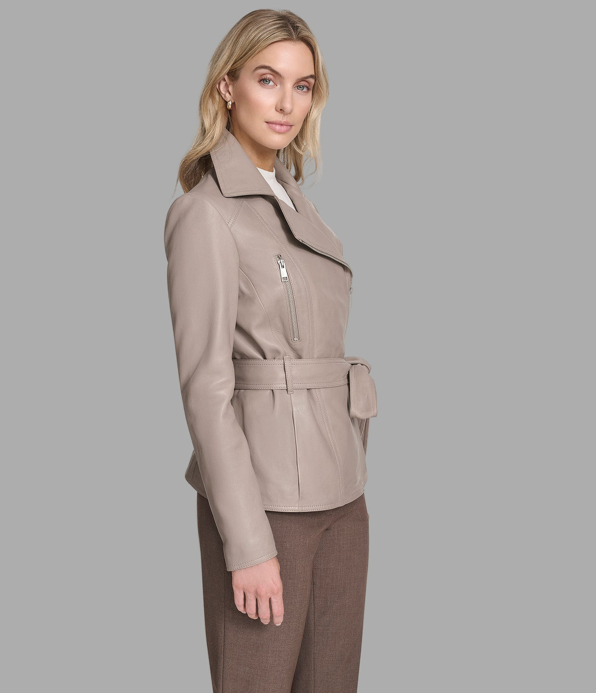 Violet Leather Belted Moto Jacket