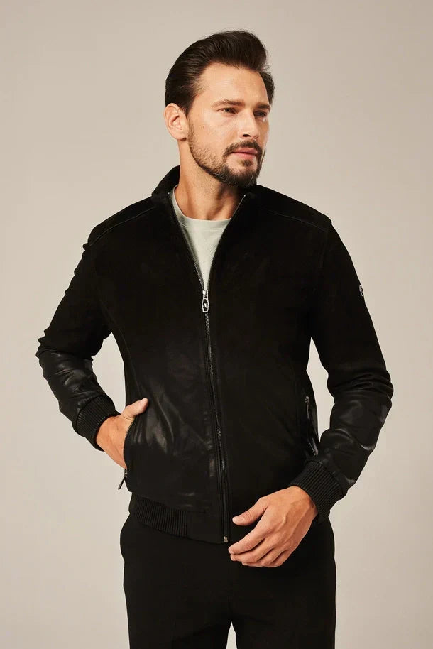 Sowachi Men's Black Rub Off Leather Bomber Jacket