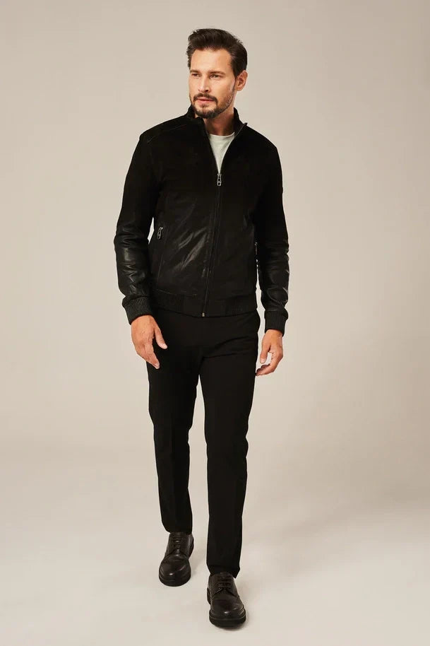 Sowachi Men's Black Rub Off Leather Bomber Jacket